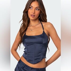 NWT Edikted Kelsey Navy Satin Corset Top - XS